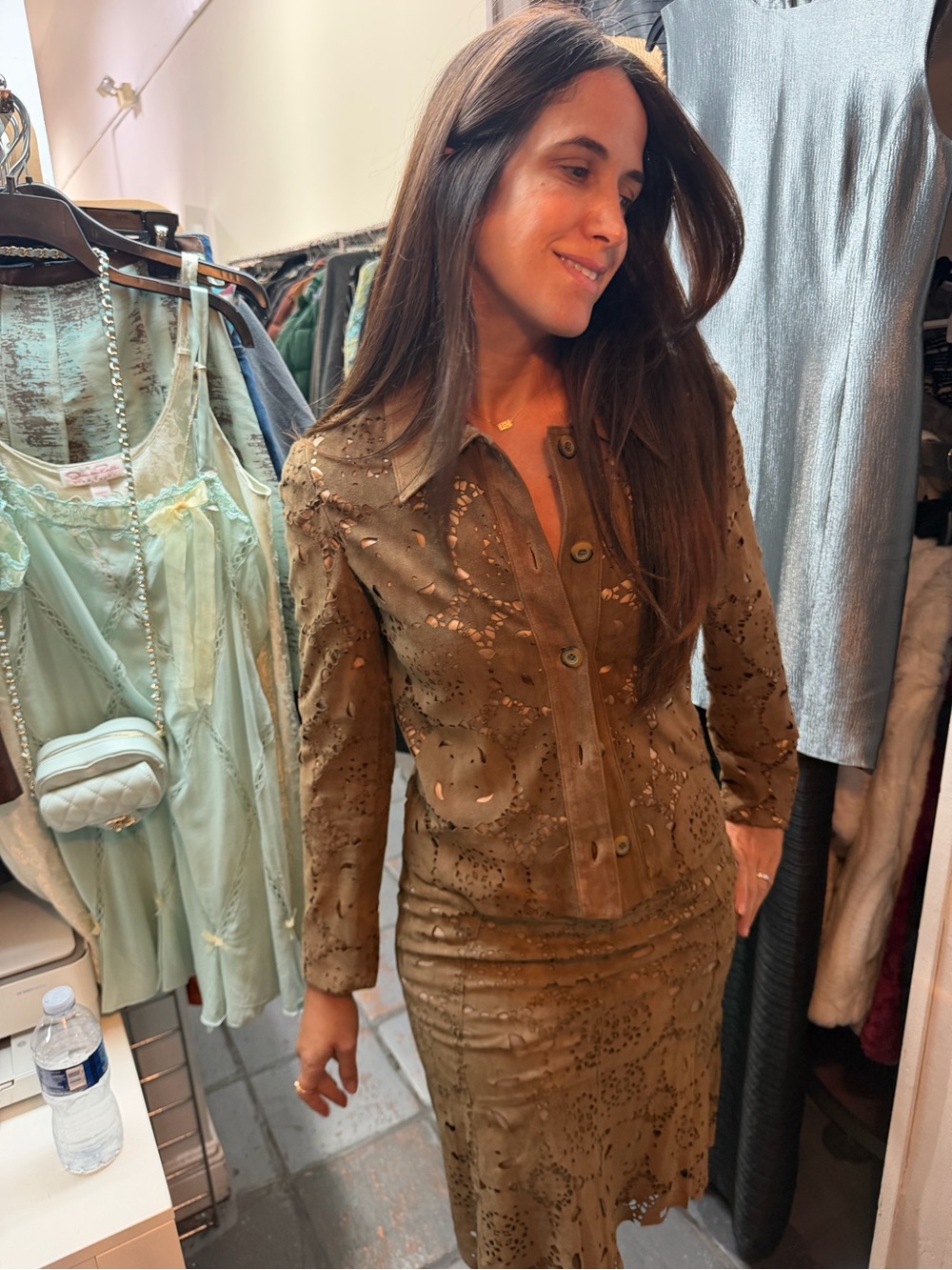 St John Olive Green Laser-Cut Button-Front Women's Skirt Set suede